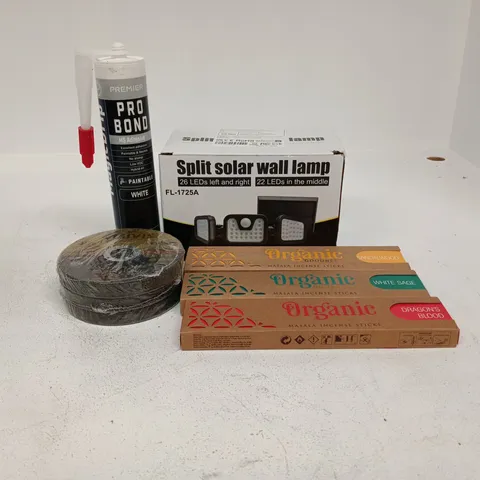TOTE OF APPROXIMATELY 15 ASSORTED ITEMS TO INCLUDE SPLIT SOLAR WALL LAMP, PRO BOND MS ADHESIVE, ORGANIC MASALA INCENSE STICKS ETC