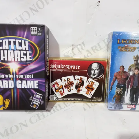 BOX OF APPROXIMATELY 15 ASSORTED TOYS AND GAMES TO INCLUDE MARVEL DECK BUILDING GAME, SHAKESPEARE PLAYING CARDS, CATCHPHRASE CARD GAME, ETC