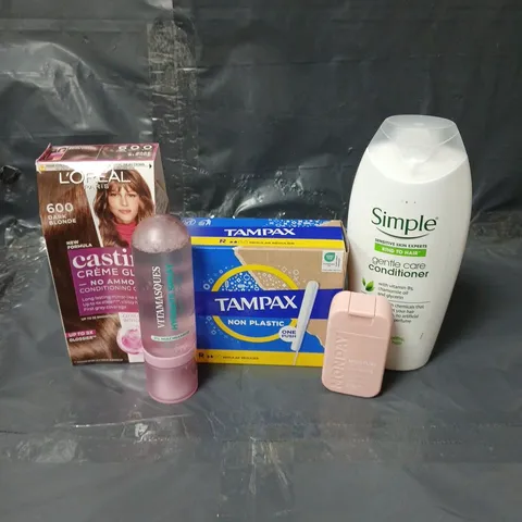 APPROXIMATEY 15 ASSORTED HEALTH AND BEAUTY PRODUCTS TO INCLUDE TAMPAX TAMPONS, SIMPLE CONDITIONER AND L'OREAL HAIR COLOUR