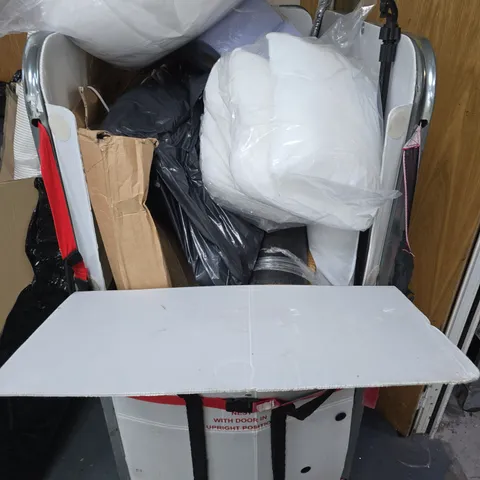 CAGE OF APPROXIMATELY 12 ASSORTED ITEMS TO INCLUDE RUGS, PILLOWS, PAPER TOWELS, ETC - COLLECTION ONLY