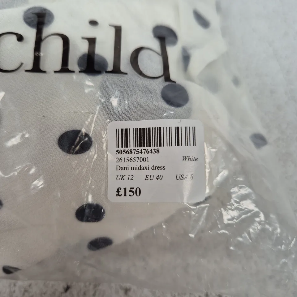 BAGGED NOBODY'S CHILD DANI MIDAXI DRESS – WHITE WITH BLACK POLKA DOTS, UK12