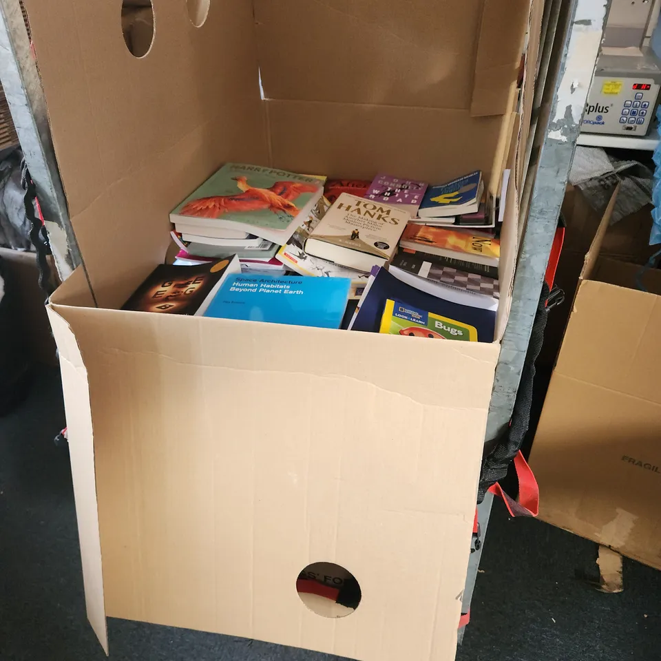 CAGE OF A SIGNIFICANT QUANTITY OF ASSORTED BOOKS BY STEPHEN KING, J. R. R. TOLKIEN, ANDRZEJ SAPKOWSKI, ISAAC ASIMOV, MADELINE MILLER, NATALIE LLOYD, URSULA LE GUIN, NAHOKO UEHASHI, ETC