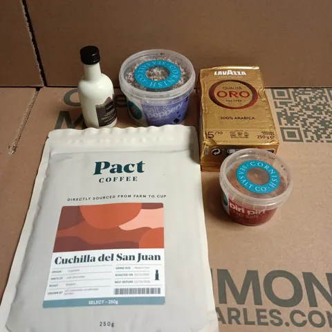 APPROXIMATELY 10 ASSORTED FOOD/DRINK PRODUCTS TO INCLUDE LAVZZA COFFEE, PACT COFFEE, PIRI SALT ETC 