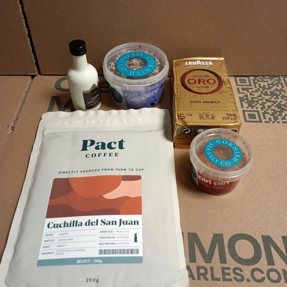 APPROXIMATELY 10 ASSORTED FOOD/DRINK PRODUCTS TO INCLUDE LAVZZA COFFEE, PACT COFFEE, PIRI SALT ETC 