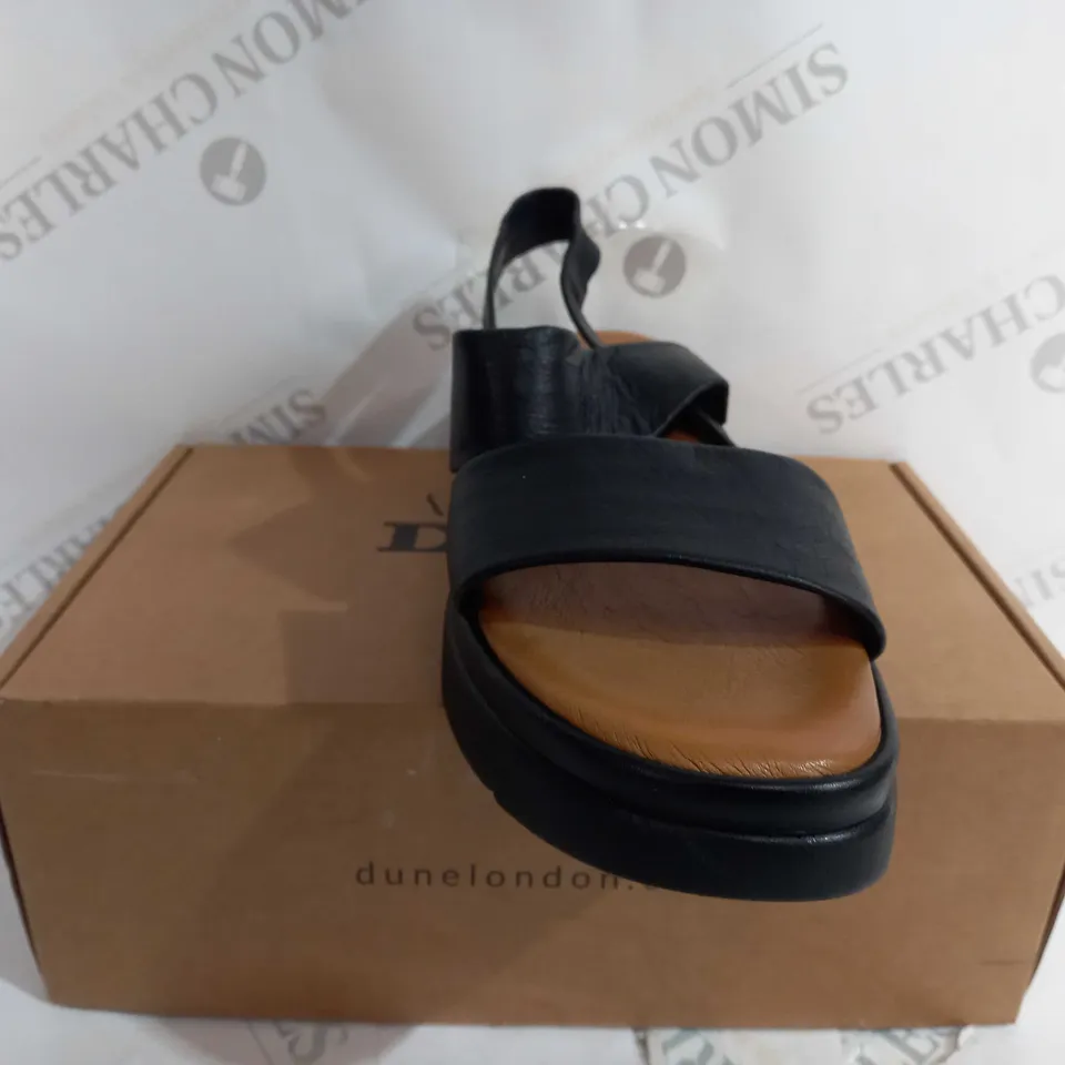 BOXED PAIR OF DUNE BLACK LEATHER PLATFORM SANDALS - SIZE 7