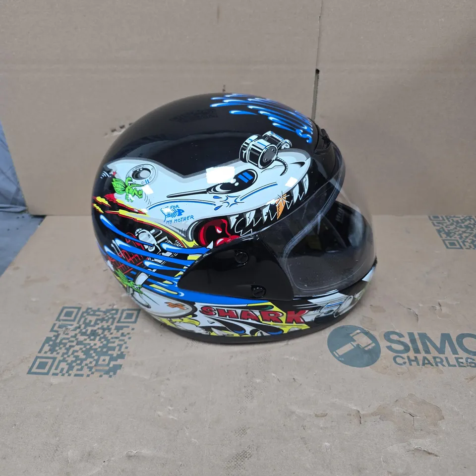 SHARK FULL-FACE MOTORCYCLE HELMET – BLACK WITH BLUE GRAPHIC ARTWORK BOXED