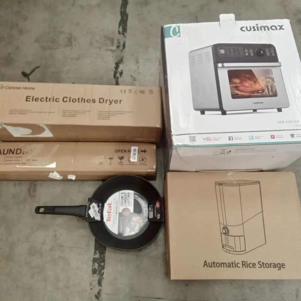 PALLET OF ASSORTED ITEMS INCLUDING CUSIMAX AIR FRYER OVEN, AUTOMATIC RICE STORAGE, ELECTRIC CLOTHES DRYER, TEFAL STIRFRY PAN, 3 TIER LAUNDRY HAMPER 