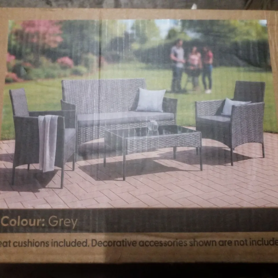 BOXED KEPLIN GARDEN 4 SEATER SOFA RATTAN SET GREY