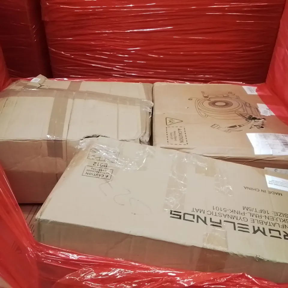 PALLET OF ASSORTED HOUSEHOLD GOODS AND PRODUCTS TO INCLUDE;GARDEN REEL WITH HOSE PIPE,INFLATABLE GYMNASTICS MAT,RETRACTABLE SAFETY GATE 