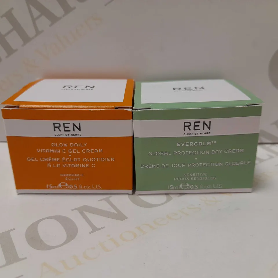 LOT OF 2 REN CLEAN SKINCARE PRODUCTS TO INCLUDE RADIANCE GLOW DAILY VITAMIN C GEL CREAM 15ML & EVERCALM GLOBAL PROTECTION DAY CREAM 15ML