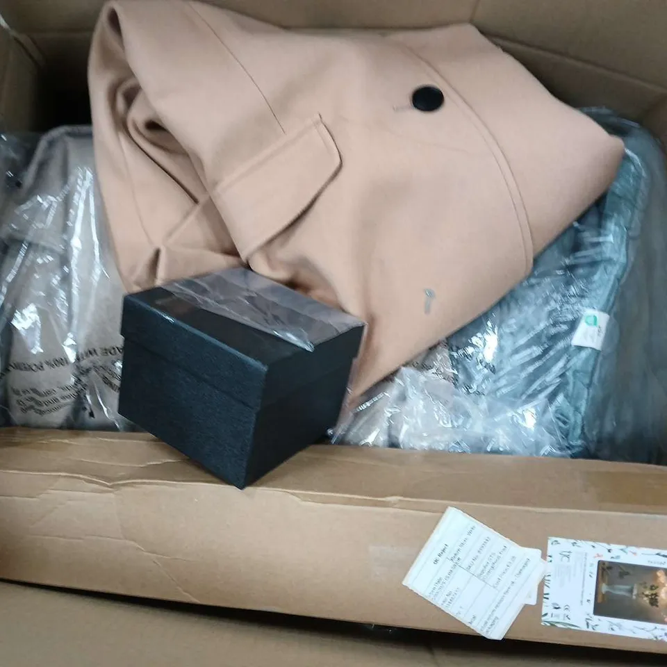 APPROXIMATELY 10 ASSORTED ITEMS TO INCLUDE HANDBAG, POSTURE BRA, COAT, ETC