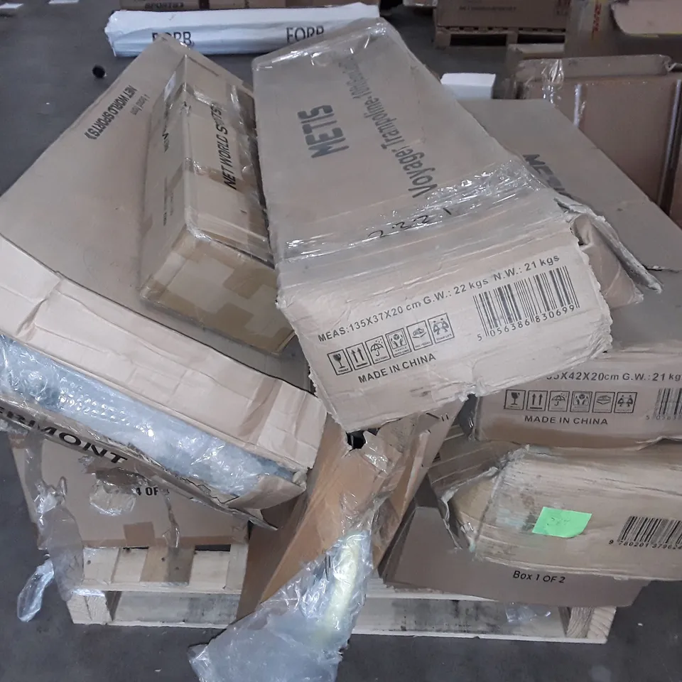 PALLET OF ASSORTED SPORTING ITEM PARTS TO INCLUDE 10FT TRAMPOLINE AND PLAYERS BENCH