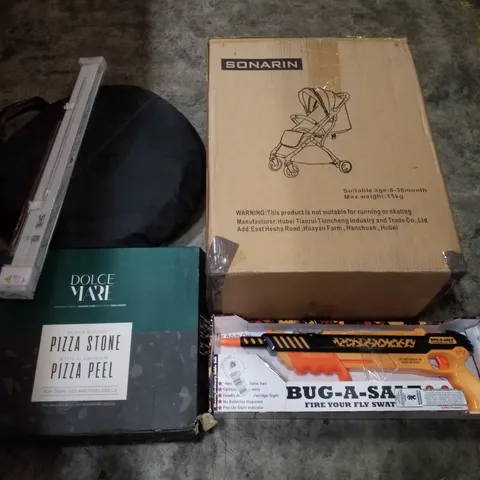 PALLET CONTAINING ASSORTED PRODUCTS INCLUDING PIZZA STONE, STROLLER, POP UP TENT, ROLLER BLIND & BUG-A-SALT GUN
