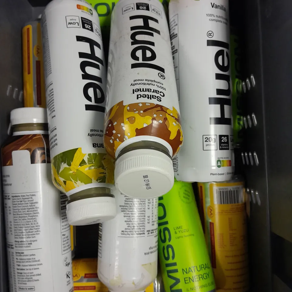 APPROXIMATELY 15 ASSORTED FOOD & DRINK PRODUCTS TO INCLUDE MISSION ENERGY DRINKS, PACT COFFEE, HUEL DRINKS ETC 