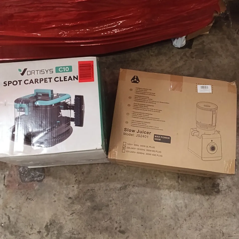 PALLET OF ASSORTED ITEMS INCLUDING -SPOT CARPET CLEANER, SLOW JUICER