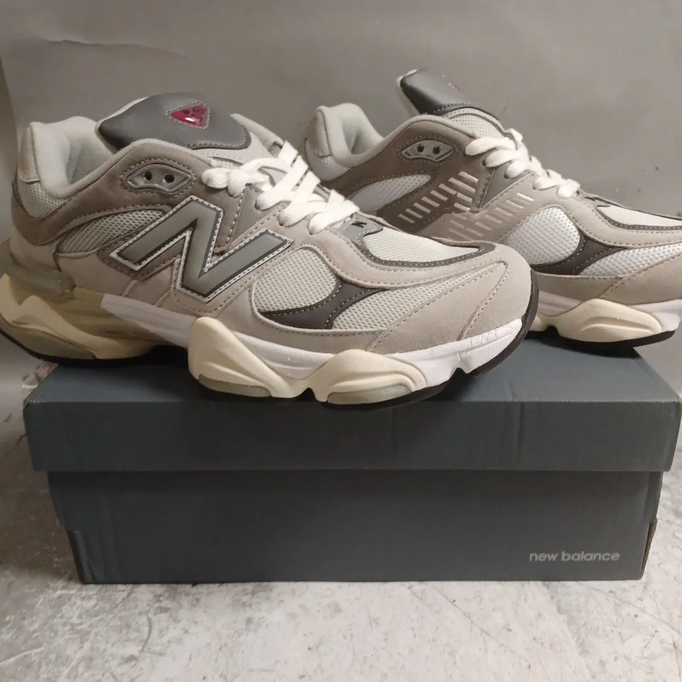 BOXED PAIR OF NEW BALANCE 9060 TRAINERS IN TAUPE/GREY SIZE UK 10.5