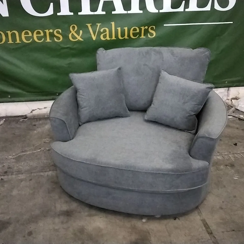 QUALITY DESIGNER CHARCOAL SWIVEL LOVESEAT WITH CUSHIONS
