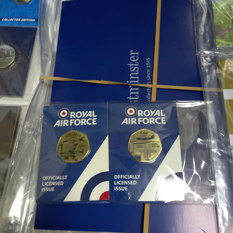 BOX TO CONTAIN AN ASSORTMENT OF COLLECTORS COINS, BINDERS AND COLLECTING POUCHES, INCLUDES RAF COINS, ROYAL FAMILY COINS, WILDLIFE COINS ETC 