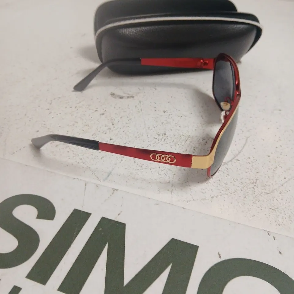 AUDI SUNGLASSES WITH RED AND GOLD FRAME, GREY LENSES – CASE INCLUDED 
