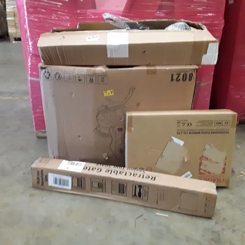 PALLET TO CONTAIN AN ASSORTMENT OF HOUSEHOLD ITEMS TO INCLUDE OFFICE CHAIRS, RETRACTABLE GATES, MIRRORS AND BIKE REPAIR STAND ECT
