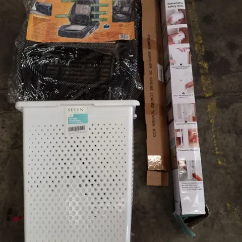 PALLET OF ASSORTED PRODUCTS INCLUDING RETRACTABLE SAFETY GATE, SPRING LOADED TENSION ROD, LAUNDRY BASKET, CAR SEAT CUSHION