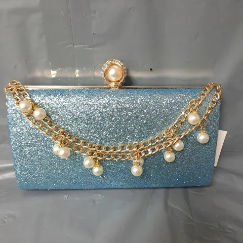 LADIES CLUTCH BAG - BLUE GLITTER EFFECT WITH GOLD COLOURED AND PEARL EFFECT CHAIN