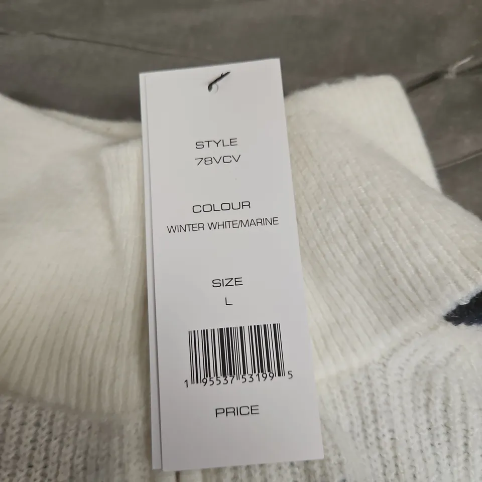 FRENCH CONNECTION KNITWEAR – WHITE & NAVY STRIPED SWEATER – SIZE L
