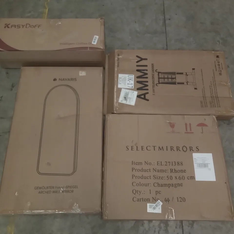 PALLET OF ASSORTED ITEMS INCLUDING SELECT MIRRORS RHONE, NAVARIS ARCHED WALL MIRROR, KASYDOFF INTELLIGENT CLOTHES DRYER, 2.6M TELESCOPIC LADDER, SPACE HEATER, HOMIDEC DRYING RACK 
