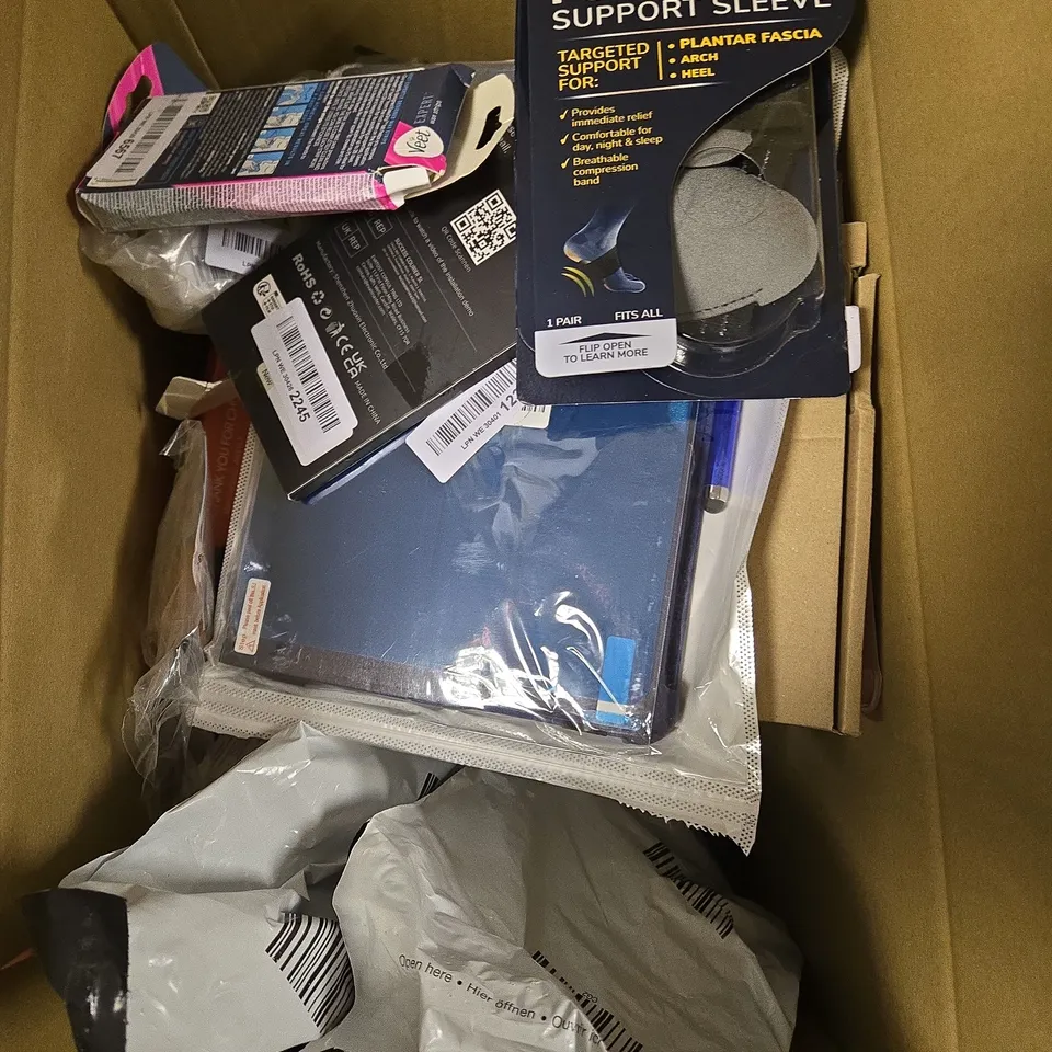 APPROXIMATELY 15 ASSORTED HOUSEHOLD PRODUCTS TO INCLUDE SCREEN PROTECTORS, BATTERY OPERATED ERASER, FOOT ARCH SUPPORT ETC 