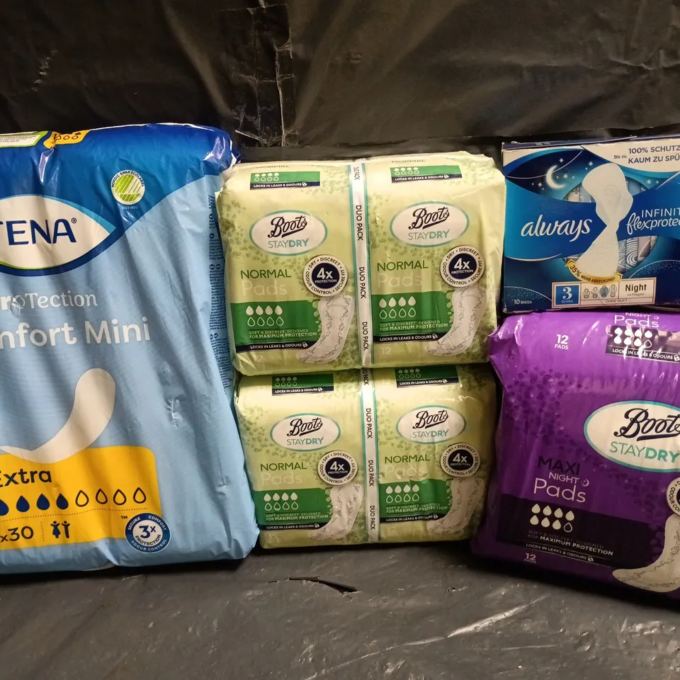 LOT OF 5 ASSORTED MULTI PACKS OF SANITARY PADS INCLUDE BOOTS, TENA AND ALWAYS