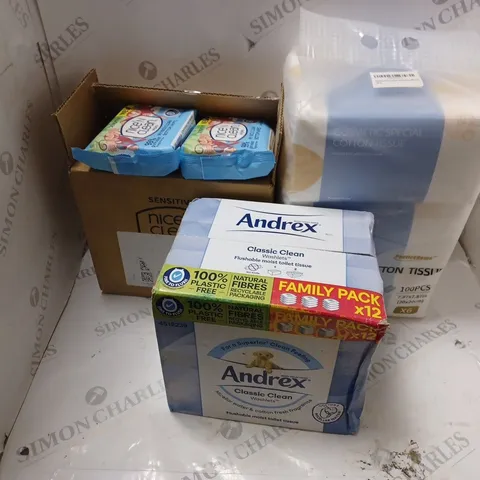 APPROXIMATELY 3 CLEANING ITEMS TO INCLUDE ANDREX CLASSICE CLEAN WASHLETS (12 PACKS), COTTON TISSUE (100 pcs), SET OF SENSITIVE NICE N CLEAN WIPES