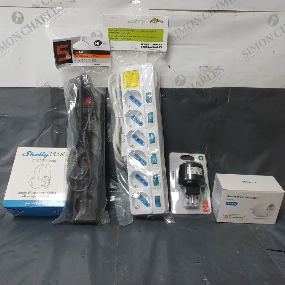 BOX OF APPROX 30 ASSORTED ITEMS TO INCLUDE -SHELLY PLUG , NF 5X16A 1M EXTENSION LEAD , SMART WIFI MINI PLUG ETC