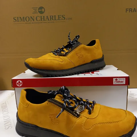 BOXED PAIR OF RIEKER YELLOW SUEDETTE ZIP TRAINERS, EU SIZE 40