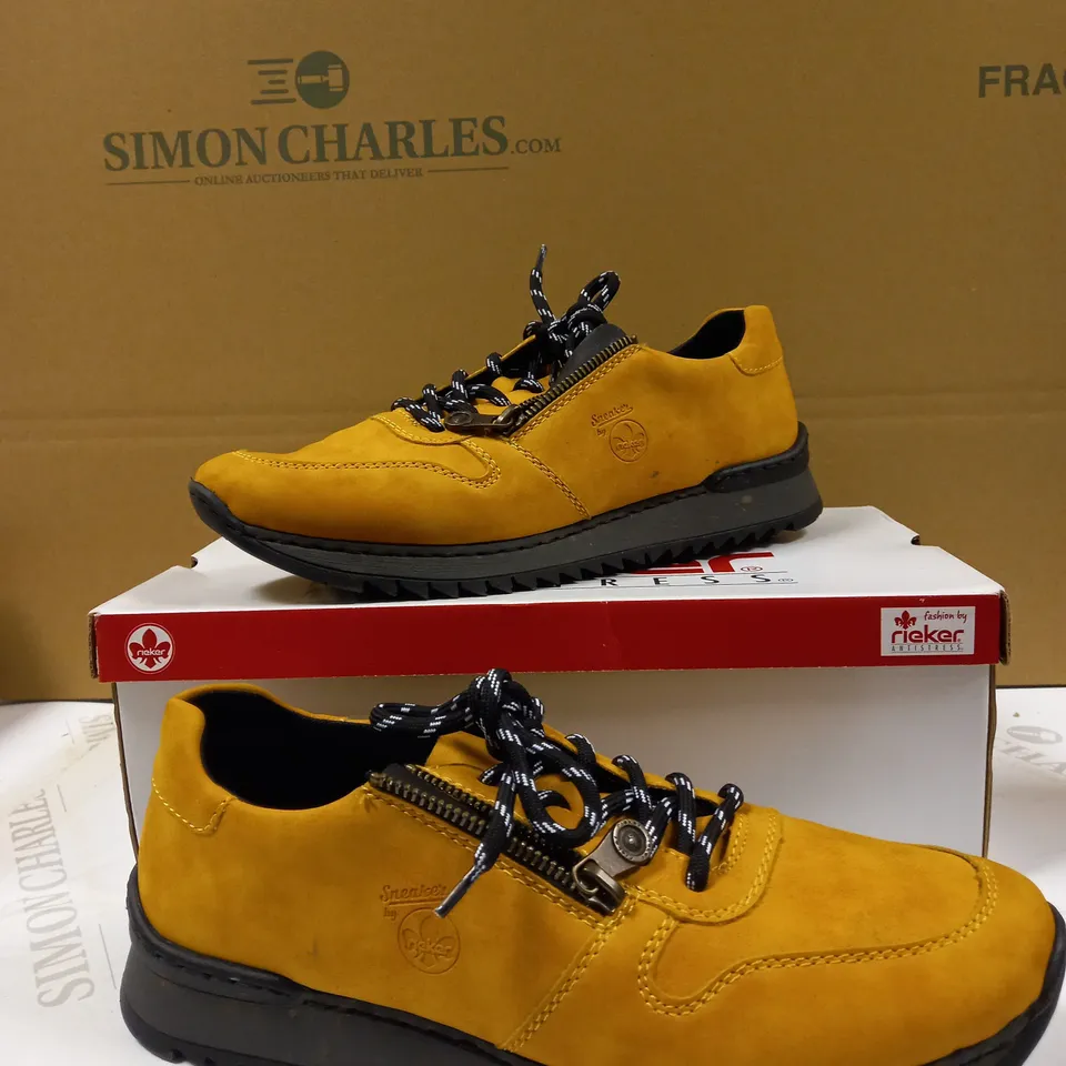 BOXED PAIR OF RIEKER YELLOW SUEDETTE ZIP TRAINERS, EU SIZE 40