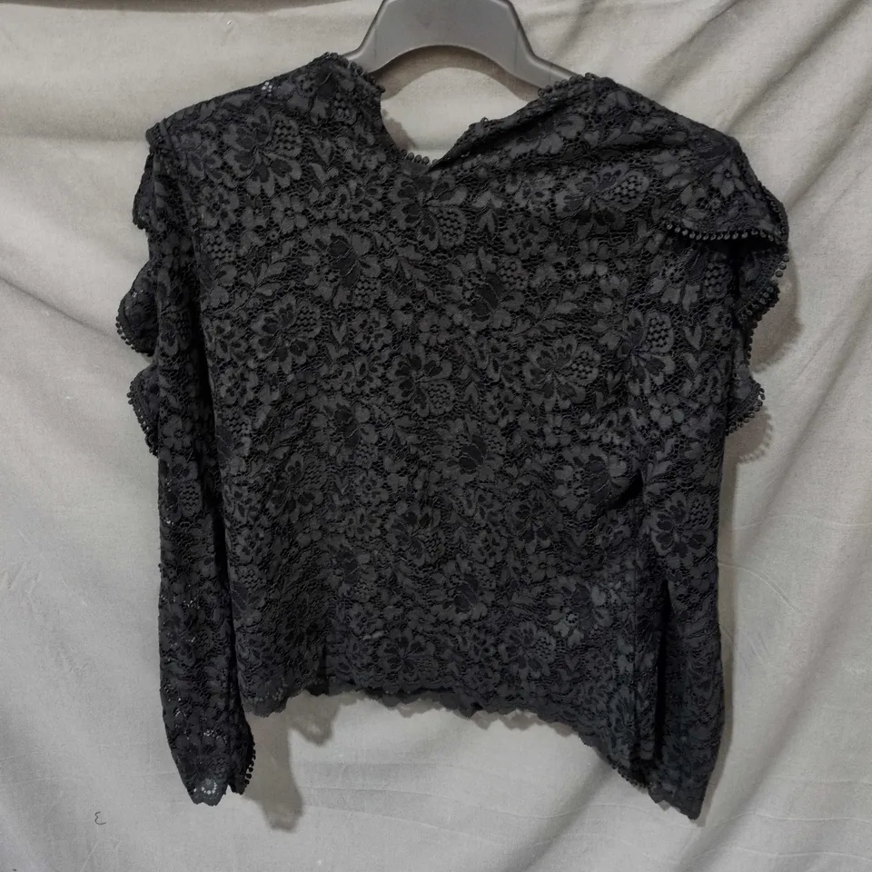 MINT VELVET BLACK LACE TOP - LONG-SLEEVE, FLORAL LACE WITH SCALLOPED EDGES
