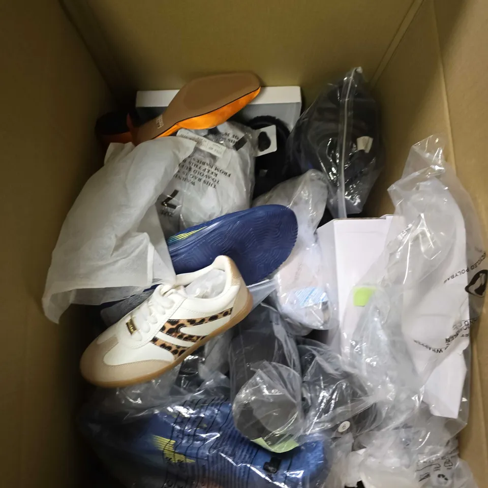 BOX OF APPROXIMATELY 15 PAIRS OF ASSORTED SHOES IN VARIOUS COLOUR, STYLES AND SIZES