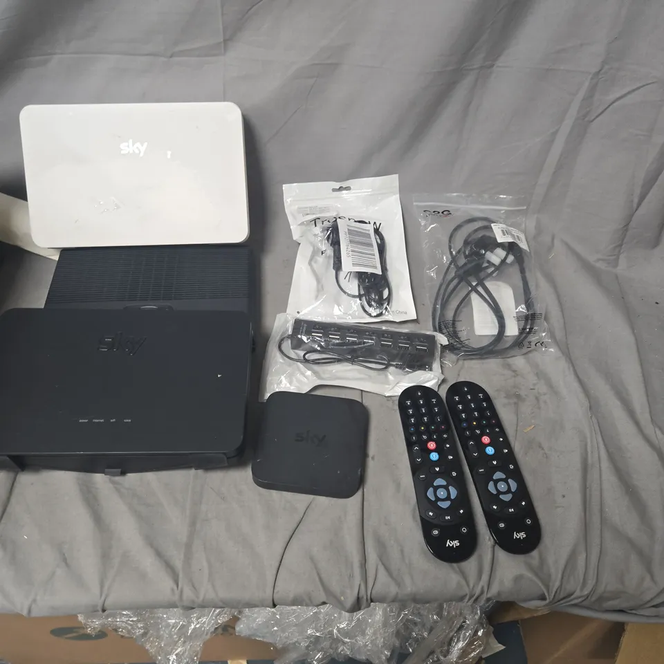 APPROXIMATELY 25 ASSORTED ELECTRICAL ITEMS TO INCLUDE SKY TV REMOTES, WIFI ROUTERS, CABLES.
