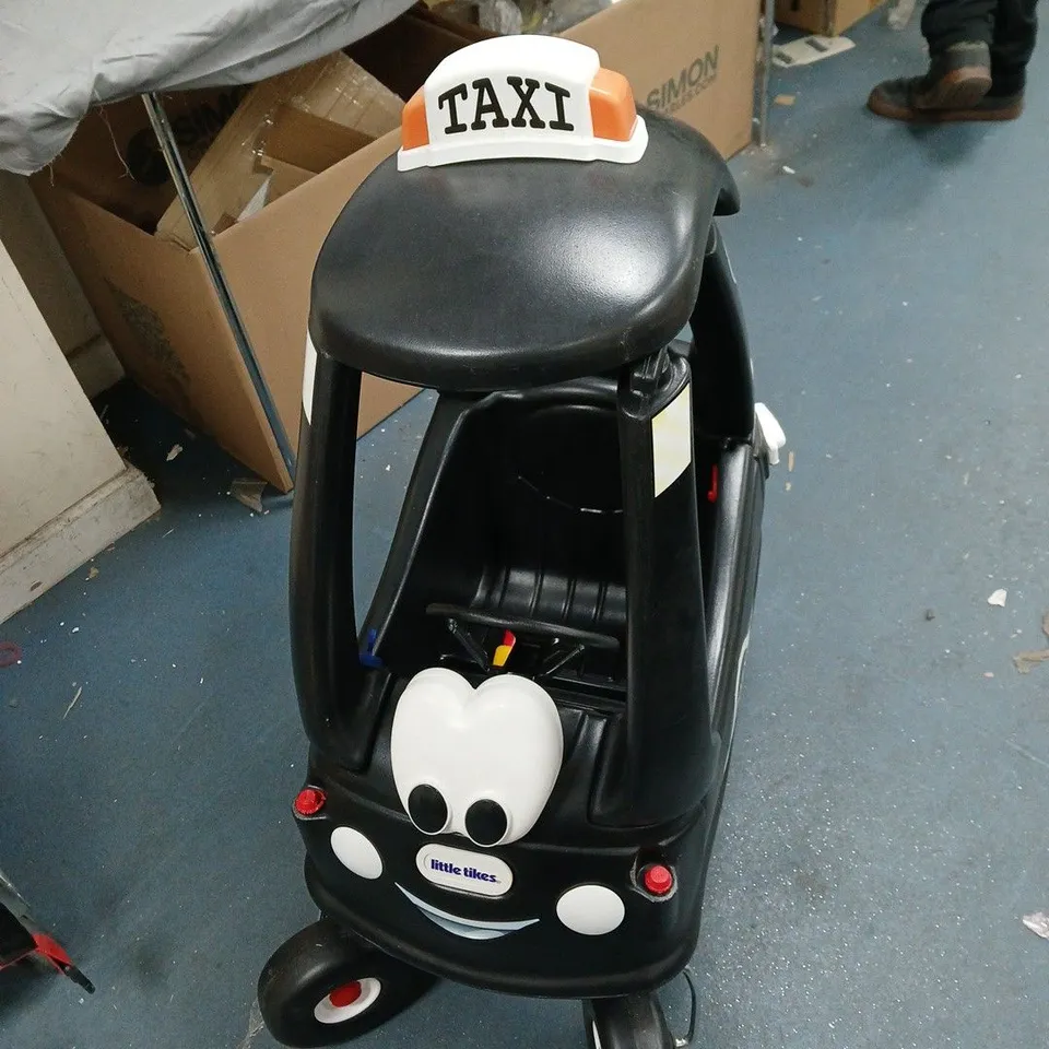 LITTLE TIKES TAXI RIDE-ON CAR – BLACK WITH TAXI SIGN NEEDS PARTIALLY ASSEMBLY