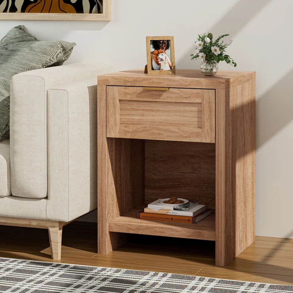 BOXED ARKANTOS NIGHTSTAND WITH DRAWERS FARMHOUSE BEDSIDE TABLE - NATURAL OAK