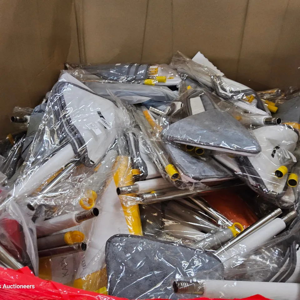 PALLET OF ASSORTED ITEMS TO INCLUDE, HOMELABS 21 GALLON TRASH CAN, CUSHION & LARGE QUANTITY OF FLOOR MOP SETS.