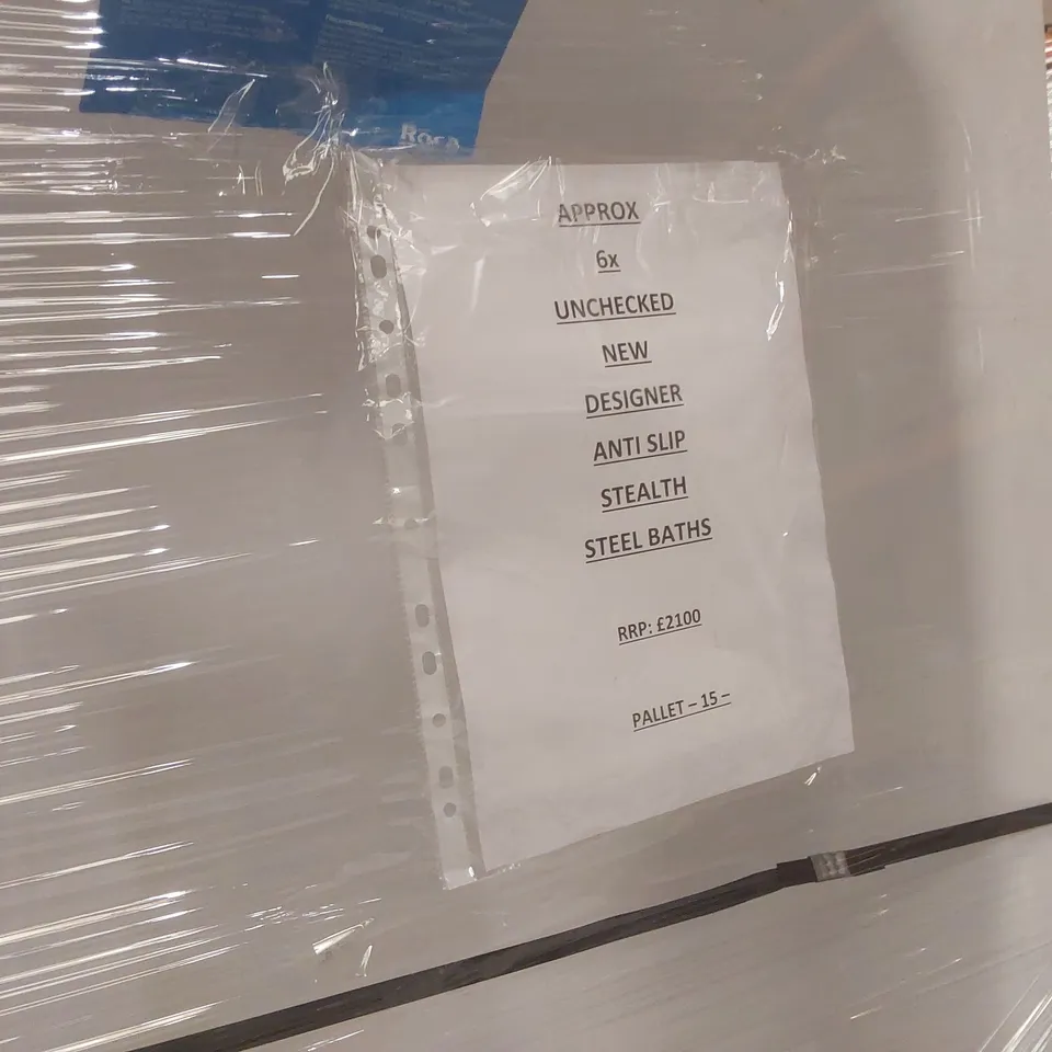 PALLET CONTAINING APPROXIMATELY 6x DESIGNER ANTI-SLIP STEALTH STEEL BATHS