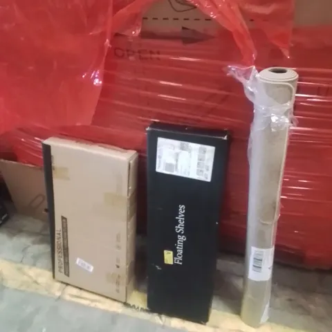 PALLET OF ASSORTED HOUSEHOLD GOODS AND PRODUCTS TO INCLUDE;INSECT KILLER MACHINE,FLOATING SHELVES,AREA RUG