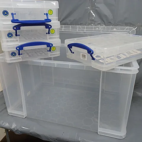 SMALL ASSORTMENT OF REALLY USEFUL CLEAR PLASTIC STORAGE CONTAINERS IN VARIOUS SIZES