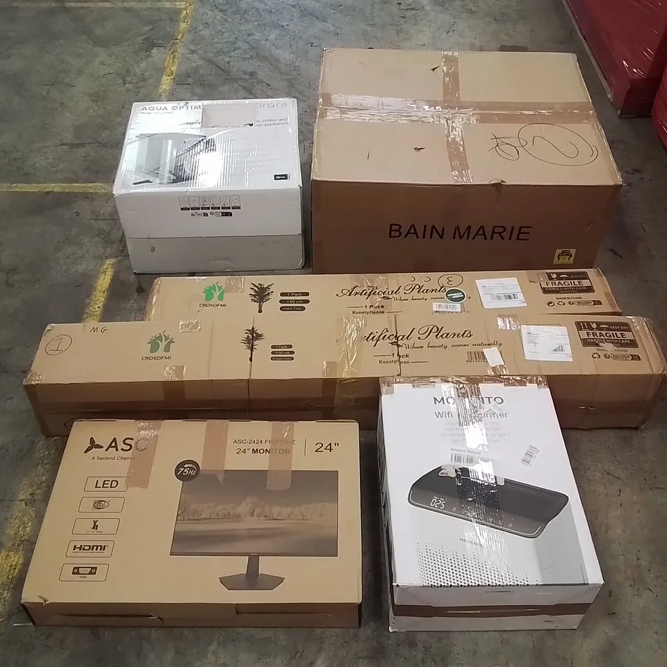 PALLET CONTAINING ASSORTED ITEMS INCLUDING: BAIN MARIE, ASC 24" MONITOR, WIFI AIR PURIFIER, WATER DISPENSER, ARTIFICIAL PLANTS ECT