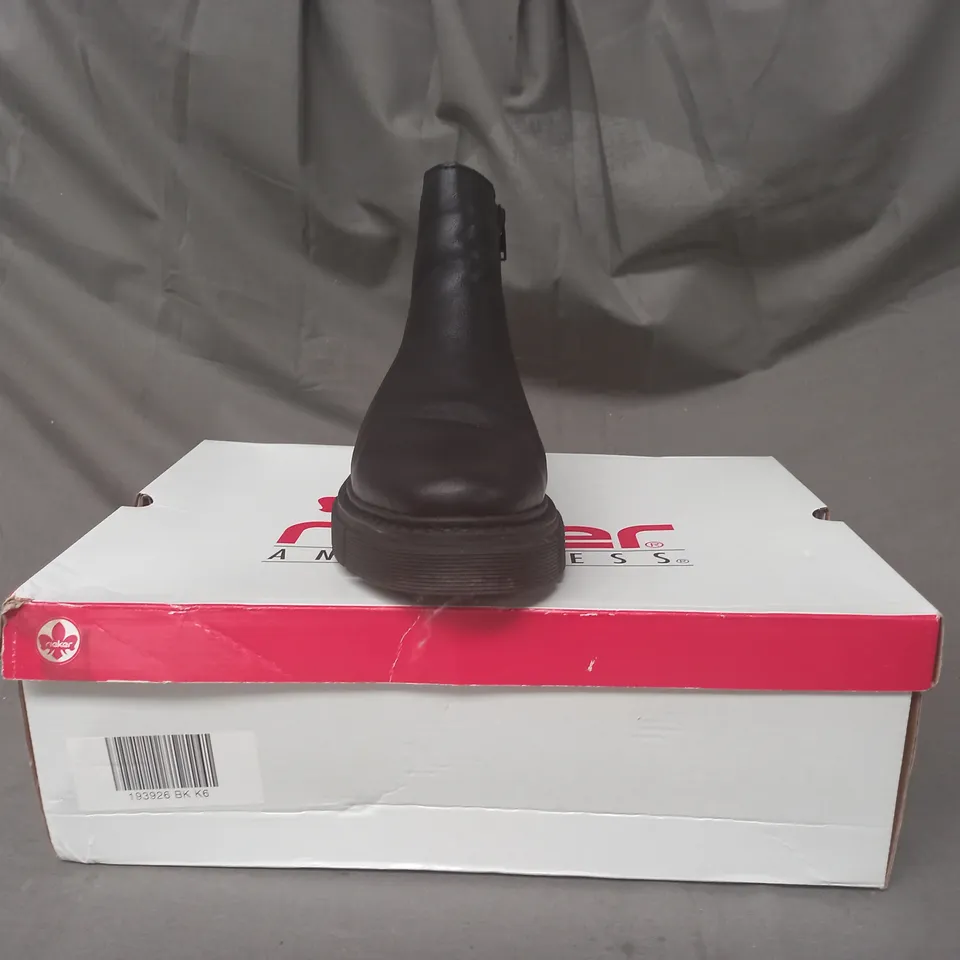 BOXED PAIR OF RIEKER CHUNKY ANKLE BOOTS IN BLACK SIZE 6