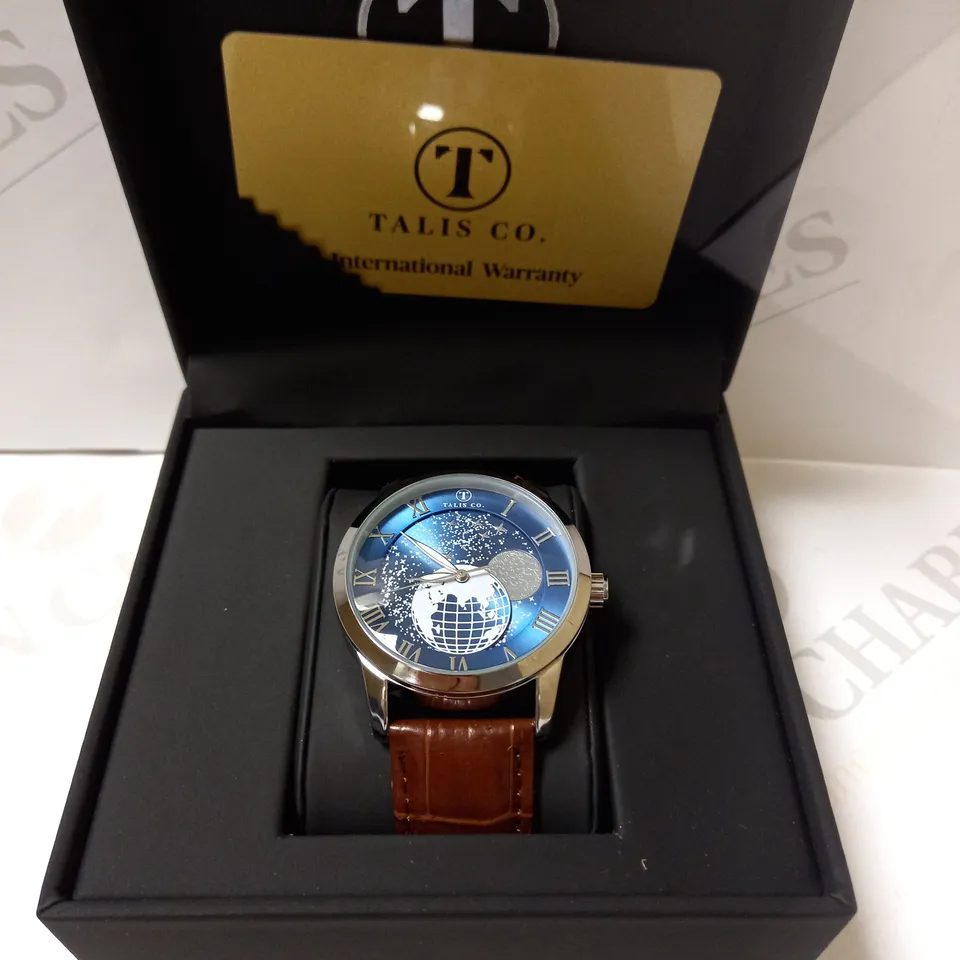 TALIS CO. AUTOMATIC ASTRO GLOBE DETAIL LEATHER STRAP WRISTWATCH RRP £699