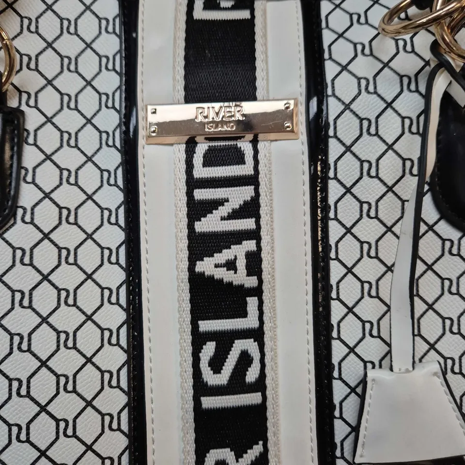 RIVER ISLAND HANDBAG – WHITE/BLACK GEOMETRIC PATTERN WITH LOGO STRAP