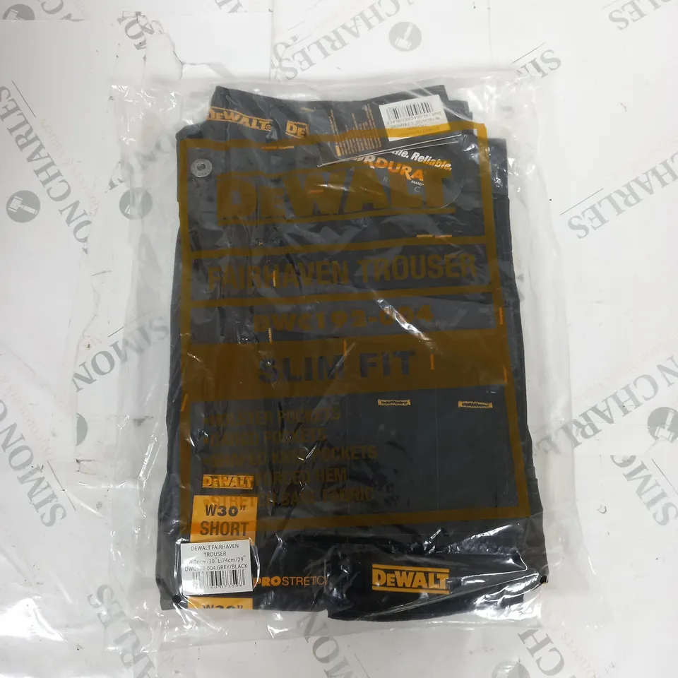 DEWALT FAIRHAVEN WORK TROUSERS IN GREY/BLACK SIZE 30/29