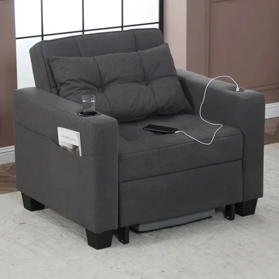 BOXED UPHOLSTERED CONVERTIBLE BACKREST SINGLE SOFA BED ACCENT CHAIR (2 PARTS)