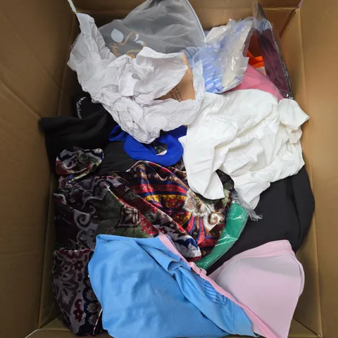 LARGE BOX OF ASSORTED CLOTHING ITEMS IN VARIOUS SIZES, STYLES AND COLOUR 